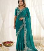 Teal fendy satin party wear saree with embroidered blouse