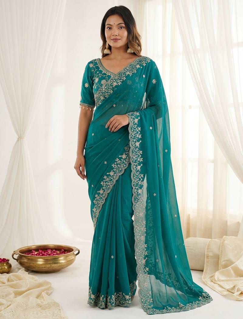 Teal fendy satin party wear saree with embroidered blouse