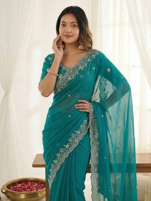Teal fendy satin party wear saree with embroidered blouse 2