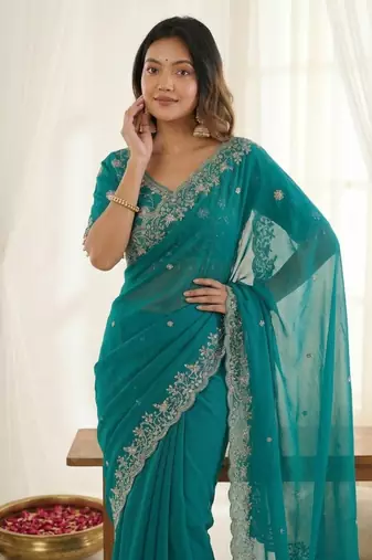 Teal fendy satin party wear saree with embroidered blouse
