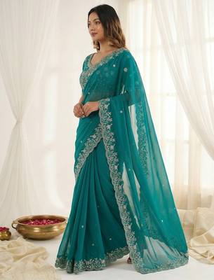 Teal fendy satin party wear saree with embroidered blouse 3