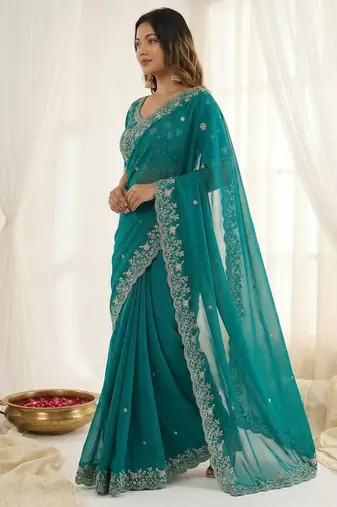 Teal fendy satin party wear saree with embroidered blouse