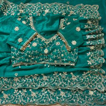 Teal fendy satin party wear saree with embroidered blouse 4