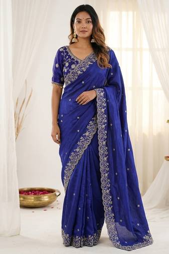 Blue fendy satin party wear saree with embroidered blouse
