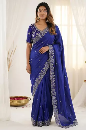 Blue fendy satin party wear saree with embroidered blouse