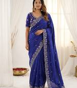 Blue fendy satin party wear saree with embroidered blouse