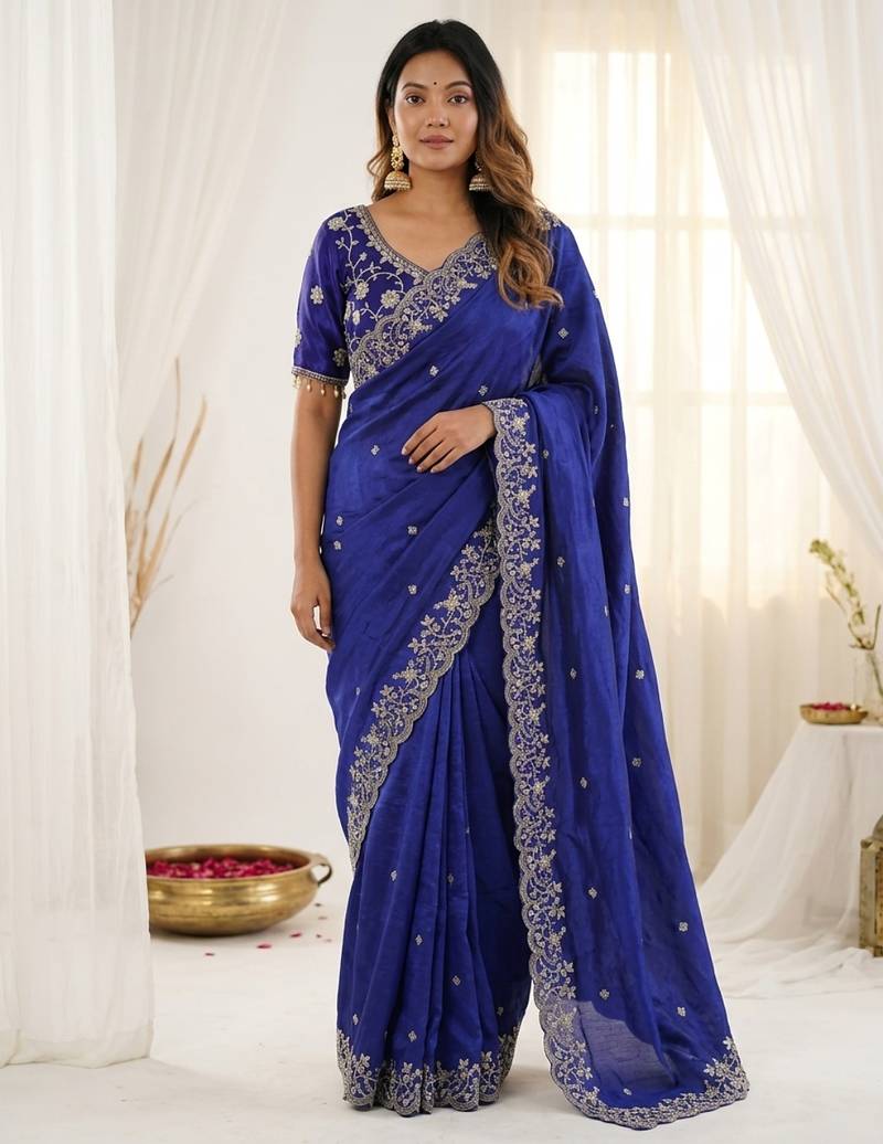 Blue fendy satin party wear saree with embroidered blouse