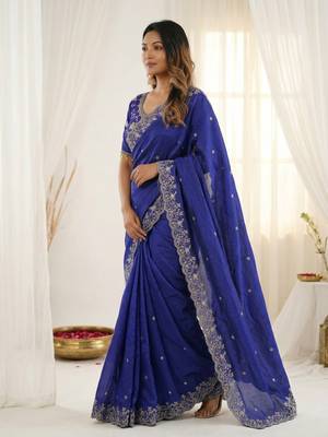Blue fendy satin party wear saree with embroidered blouse 2