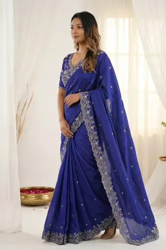 Blue fendy satin party wear saree with embroidered blouse