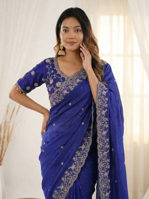 Blue fendy satin party wear saree with embroidered blouse 3