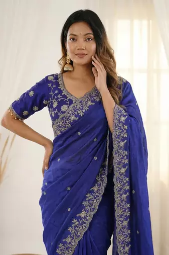 Blue fendy satin party wear saree with embroidered blouse