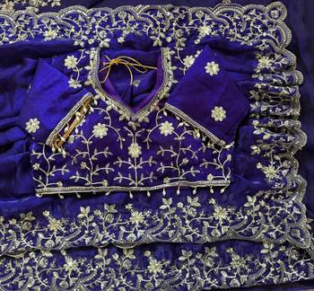Blue fendy satin party wear saree with embroidered blouse 4
