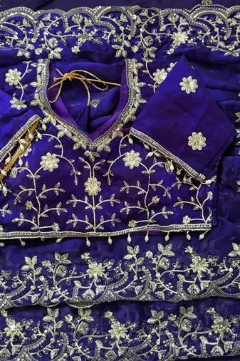 Blue fendy satin party wear saree with embroidered blouse