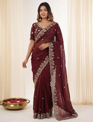 Maroon fendy satin party wear saree with embroidered blouse 1