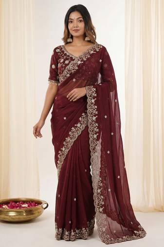 Maroon fendy satin party wear saree with embroidered blouse