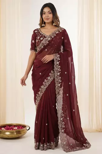 Maroon fendy satin party wear saree with embroidered blouse