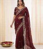 Maroon fendy satin party wear saree with embroidered blouse