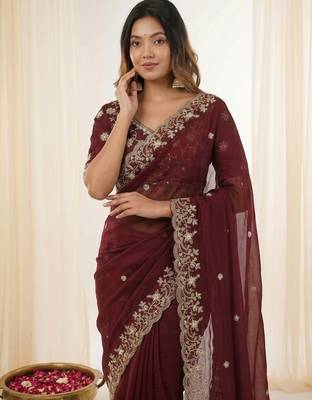 Maroon fendy satin party wear saree with embroidered blouse 2