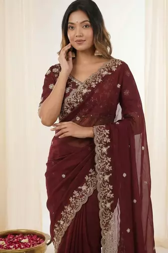 Maroon fendy satin party wear saree with embroidered blouse