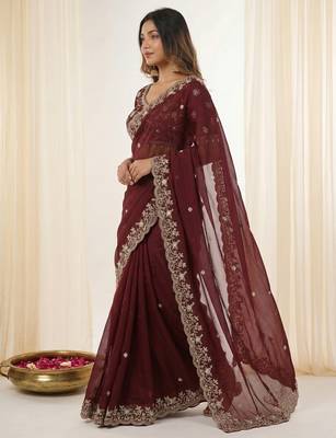 Maroon fendy satin party wear saree with embroidered blouse 3