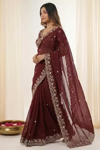 Maroon fendy satin party wear saree with embroidered blouse
