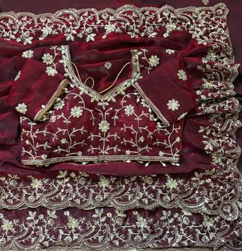 Maroon fendy satin party wear saree with embroidered blouse 4