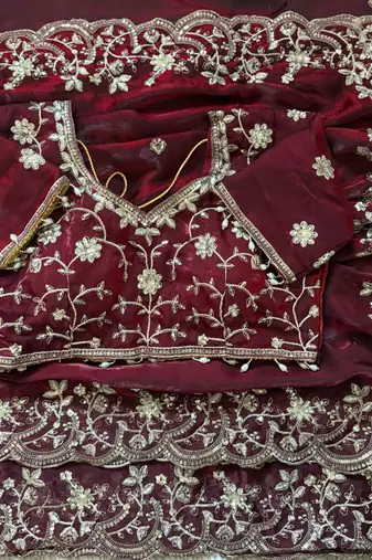 Maroon fendy satin party wear saree with embroidered blouse