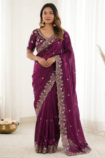 Purple fendy satin party wear saree with embroidered blouse