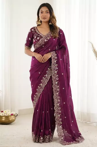 Purple fendy satin party wear saree with embroidered blouse