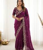 Purple fendy satin party wear saree with embroidered blouse