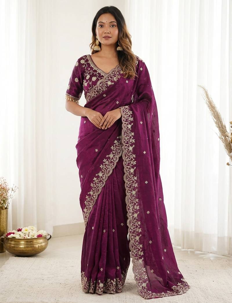 Purple fendy satin party wear saree with embroidered blouse