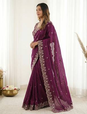 Purple fendy satin party wear saree with embroidered blouse 2