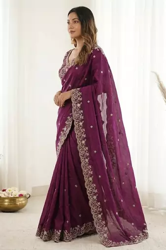 Purple fendy satin party wear saree with embroidered blouse