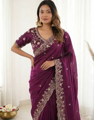 Purple fendy satin party wear saree with embroidered blouse 3
