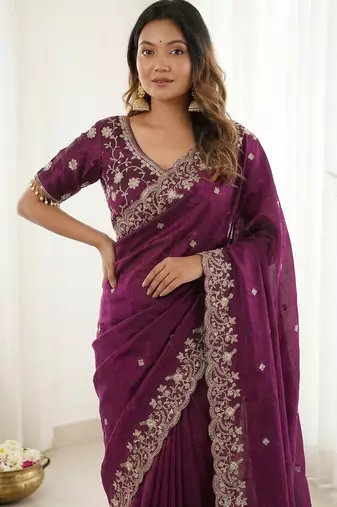 Purple fendy satin party wear saree with embroidered blouse