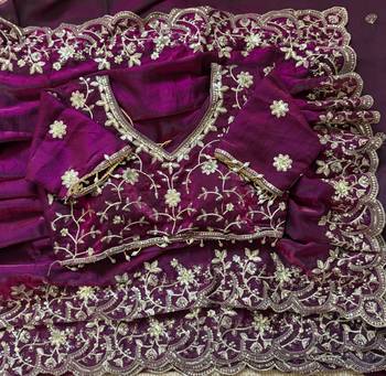 Purple fendy satin party wear saree with embroidered blouse 4
