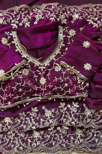 Purple fendy satin party wear saree with embroidered blouse