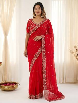 Red fendy satin party wear saree with embroidered blouse 1