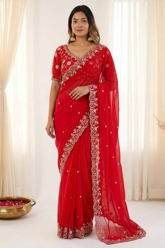 Red fendy satin party wear saree with embroidered blouse