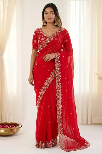 Red fendy satin party wear saree with embroidered blouse