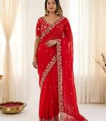 Red fendy satin party wear saree with embroidered blouse