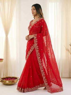 Red fendy satin party wear saree with embroidered blouse 2