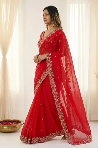 Red fendy satin party wear saree with embroidered blouse