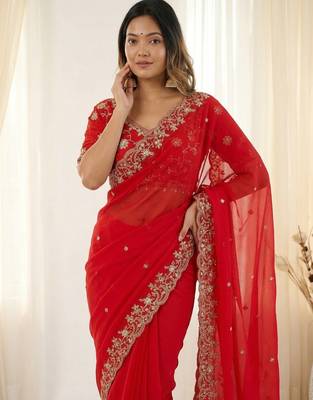 Red fendy satin party wear saree with embroidered blouse 3