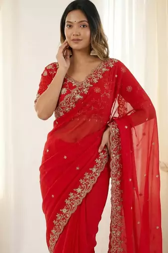 Red fendy satin party wear saree with embroidered blouse