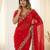 Red fendy satin party wear saree with embroidered blouse