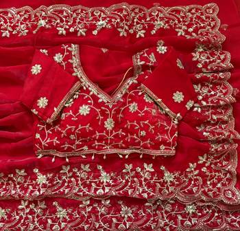 Red fendy satin party wear saree with embroidered blouse 4
