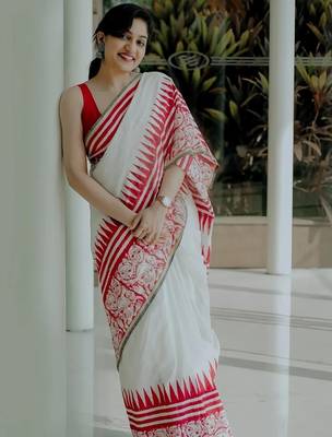 White linen cotton saree with matching unstitched blouse 1
