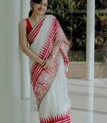 White linen cotton saree with matching unstitched blouse