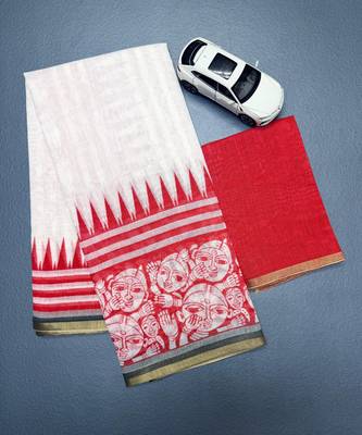 White linen cotton saree with matching unstitched blouse 4